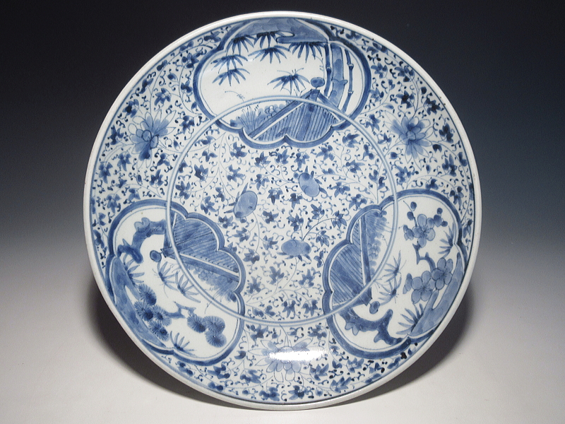 古伊万里　染付　窓絵全面花唐草文　大皿【享保】