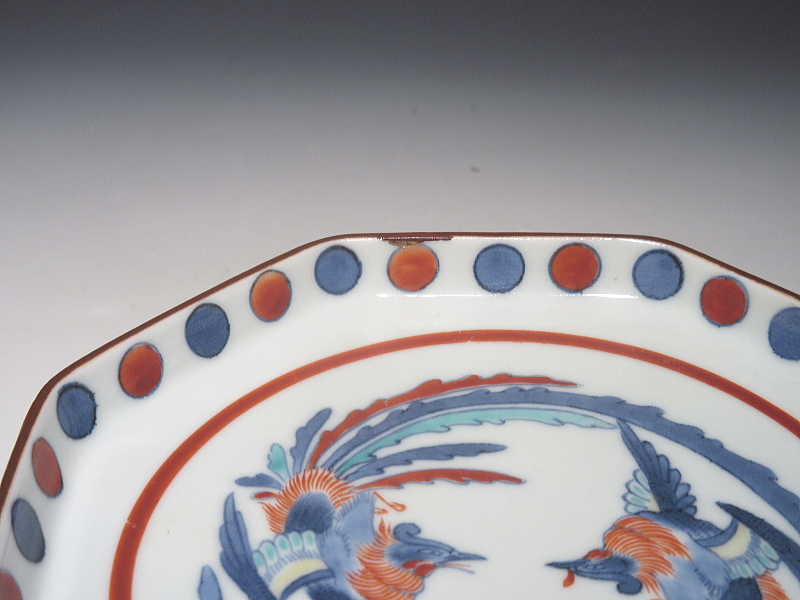 古伊万里　柿右衛門　赤玉青玉鳳凰文　面取皿【延宝】