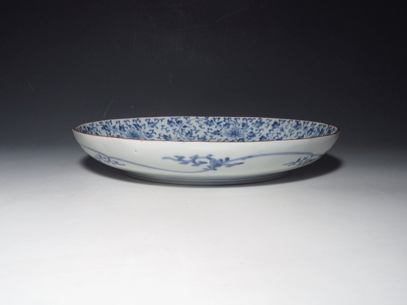 古伊万里　藍柿右衛門　花唐草文　陽刻七寸皿【元禄】
