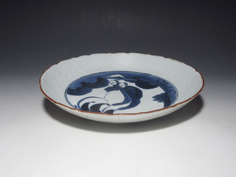 古伊万里 藍九谷 傘唐人文 七寸皿【寛文】