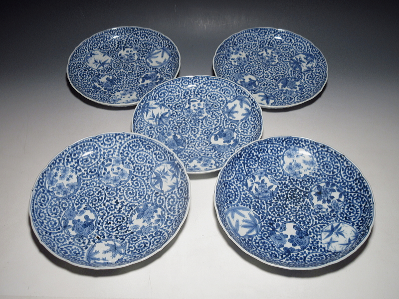 古伊万里　染付　全面蛸唐草丸文散らし　七寸皿　５枚組【享保～宝暦】