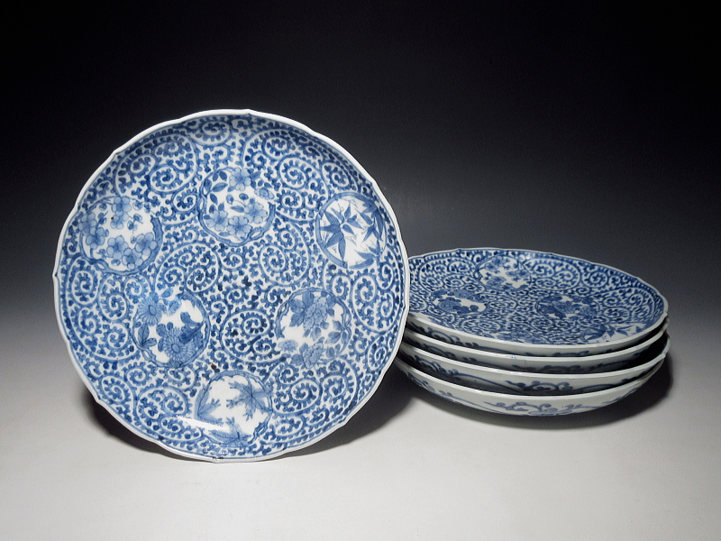 古伊万里 染付 全面蛸唐草丸文散らし 七寸皿 5枚組【享保~宝暦】