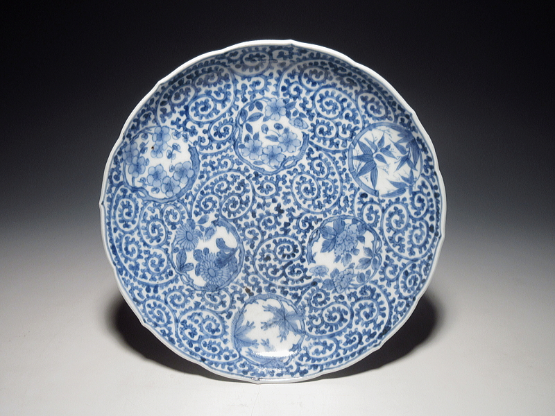 古伊万里 染付 全面蛸唐草丸文散らし 七寸皿 5枚組【享保~宝暦】