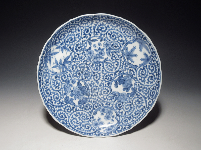 古伊万里 染付 全面蛸唐草丸文散らし 七寸皿 5枚組【享保~宝暦】