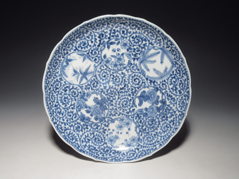 古伊万里 染付 全面蛸唐草丸文散らし 七寸皿 5枚組【享保~宝暦】