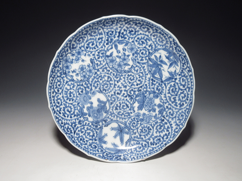 古伊万里 染付 全面蛸唐草丸文散らし 七寸皿 5枚組【享保~宝暦】