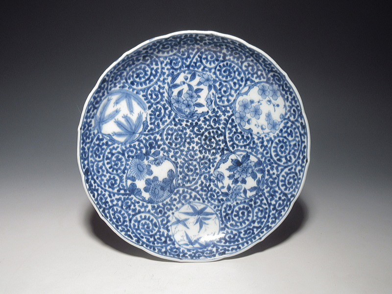 古伊万里 染付 全面蛸唐草丸文散らし 七寸皿 5枚組【享保~宝暦】