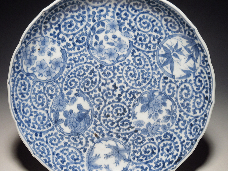 古伊万里 染付 全面蛸唐草丸文散らし 七寸皿 5枚組【享保~宝暦】