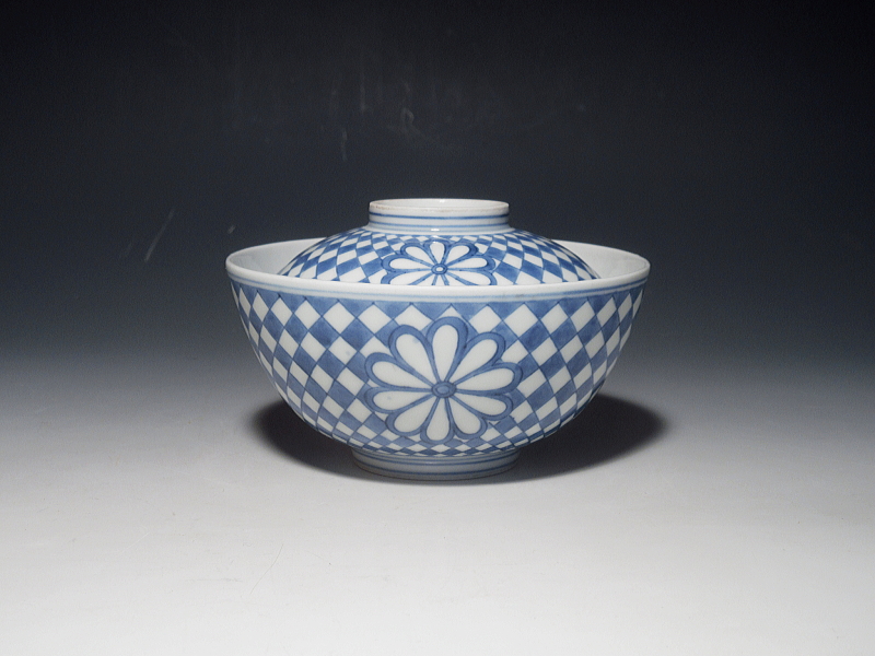 古伊万里　染付　菊花市松文　蓋茶碗　５客組【元禄～享保】