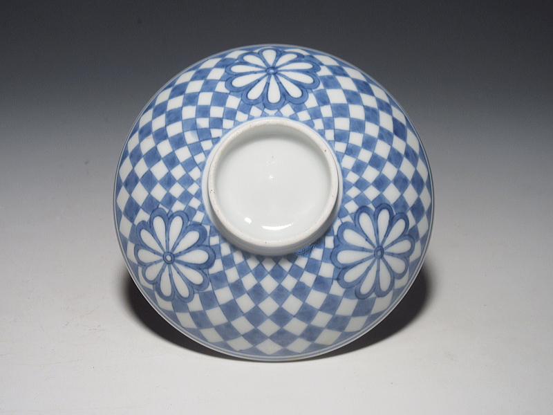 古伊万里　染付　菊花市松文　蓋茶碗　５客組【元禄～享保】