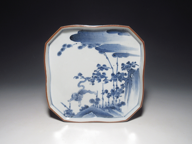 古伊万里　藍柿右衛門　松竹梅虎文　隅切皿【延宝～元禄】