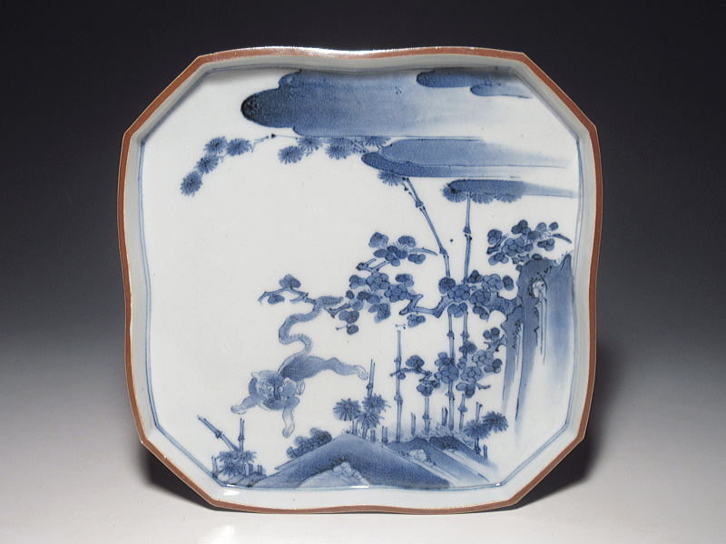 古伊万里 藍柿右衛門 松竹梅虎文 隅切皿【延宝~元禄】