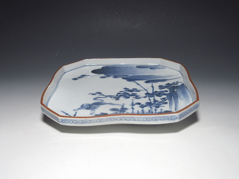 古伊万里 藍柿右衛門 松竹梅虎文 隅切皿【延宝~元禄】