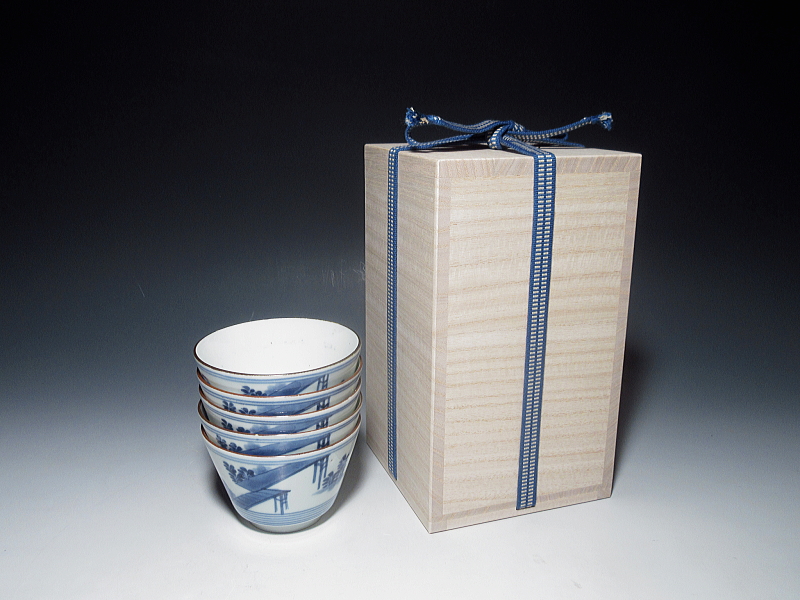 古伊万里　藍柿右衛門　輪線八ッ橋文　猪口　５客組【元禄】