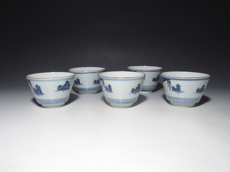 古伊万里　藍柿右衛門　輪線八ッ橋文　猪口　５客組【元禄】