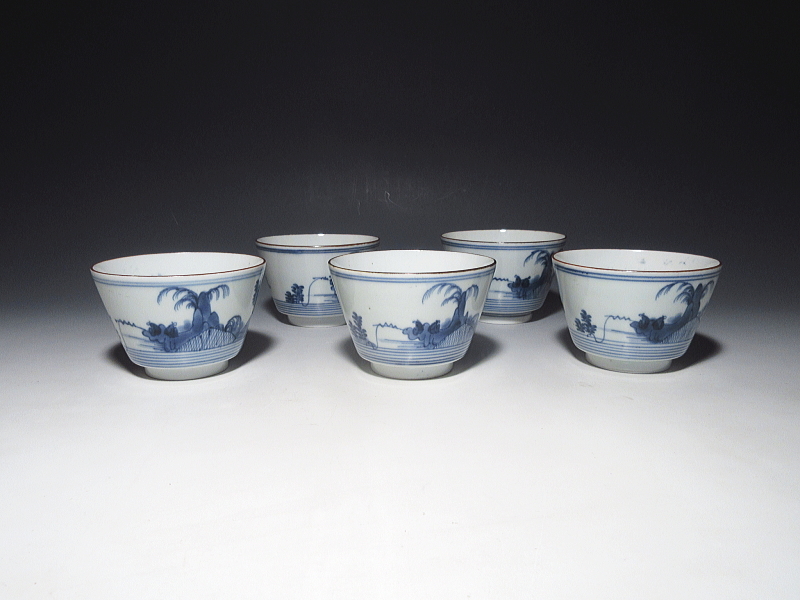 古伊万里　藍柿右衛門　輪線八ッ橋文　猪口　５客組【元禄】