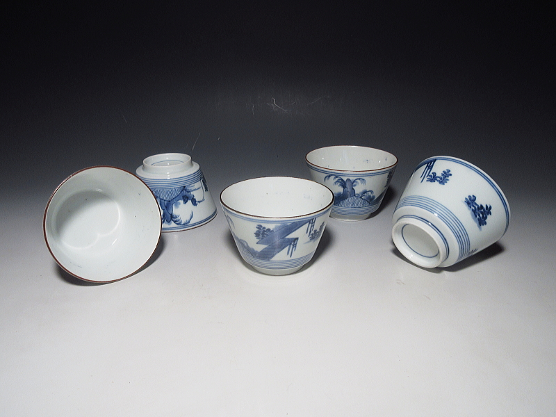 古伊万里　藍柿右衛門　輪線八ッ橋文　猪口　５客組【元禄】