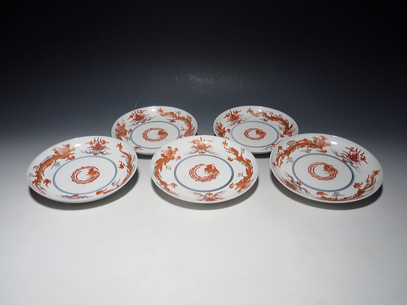古伊万里　柿右衛門　宝珠飛龍文　五寸皿　５枚組【延宝】