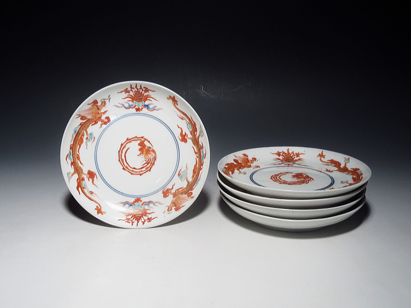 古伊万里　柿右衛門　宝珠飛龍文　五寸皿　５枚組【延宝】