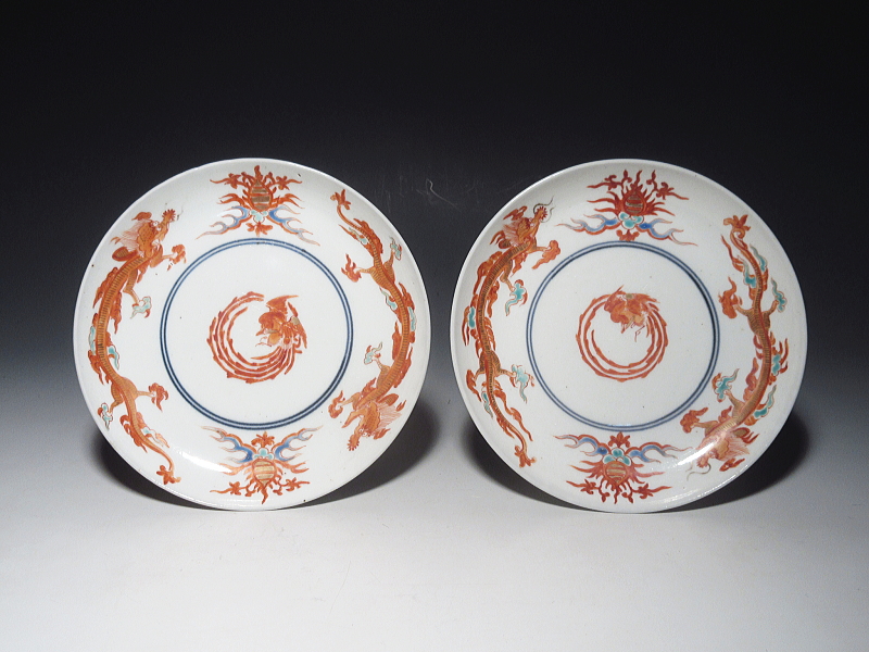 古伊万里　柿右衛門　宝珠飛龍文　五寸皿　５枚組【延宝】