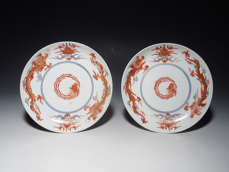 古伊万里　柿右衛門　宝珠飛龍文　五寸皿　５枚組【延宝】