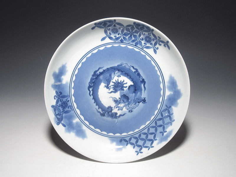 古伊万里　藍柿右衛門　団龍七宝文　七寸皿【延宝】