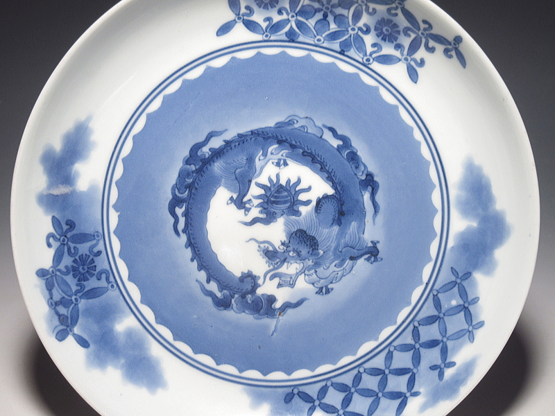 古伊万里 藍柿右衛門 団龍七宝文 七寸皿【延宝】