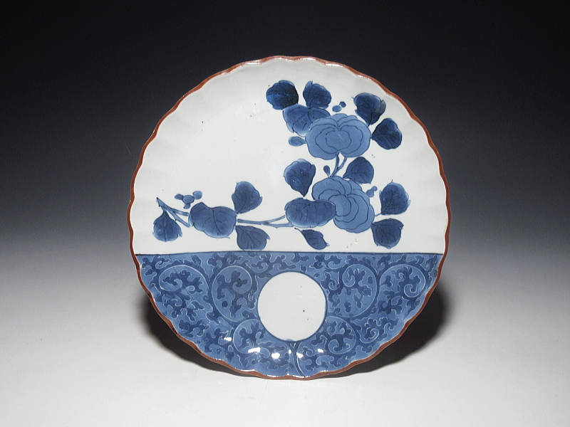 古伊万里　藍九谷　牡丹唐草文　七寸皿【寛文】