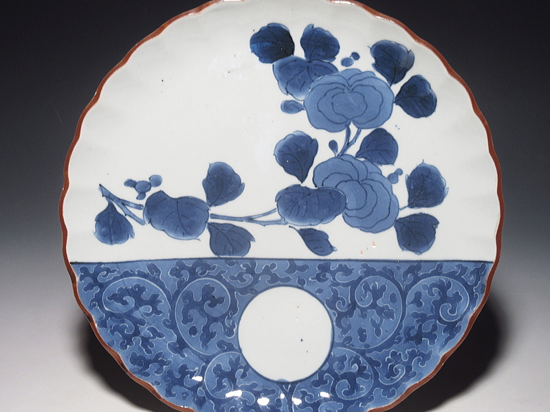 古伊万里　藍九谷　牡丹唐草文　七寸皿【寛文】