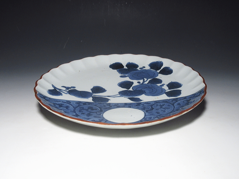 古伊万里　藍九谷　牡丹唐草文　七寸皿【寛文】