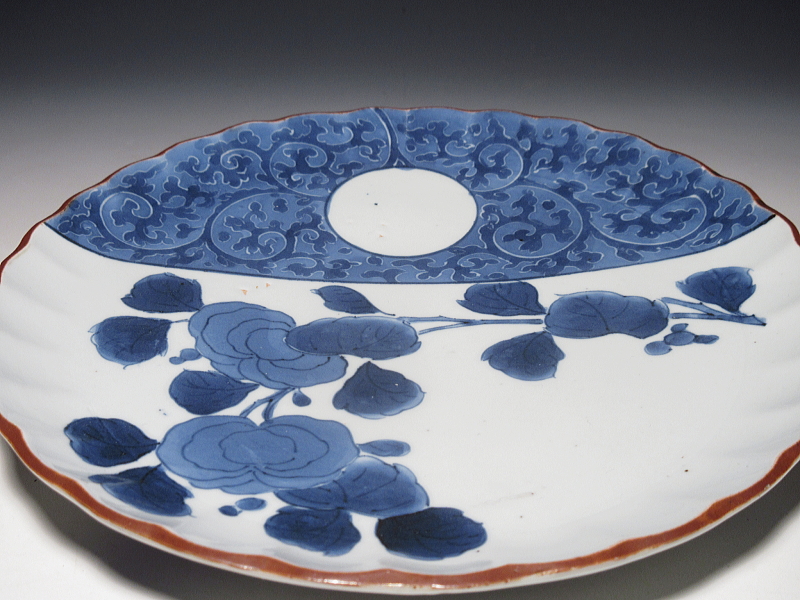 古伊万里　藍九谷　牡丹唐草文　七寸皿【寛文】