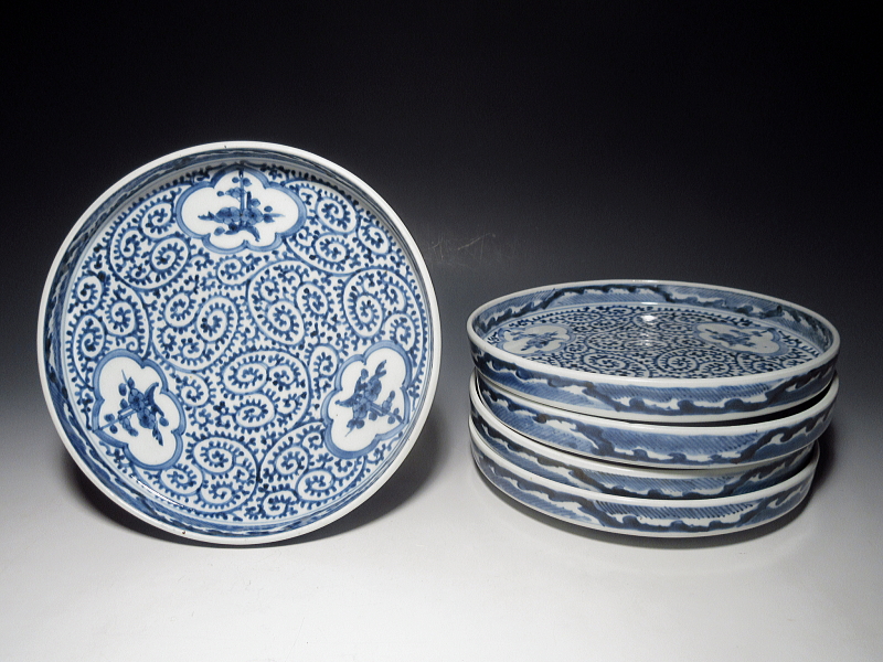 古伊万里 染付 窓絵蛸唐草文 盤形七寸皿 5枚組【宝暦】