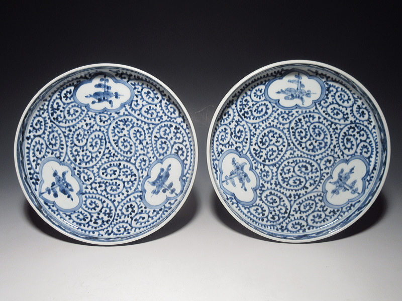 古伊万里 染付 窓絵蛸唐草文 盤形七寸皿 5枚組【宝暦】