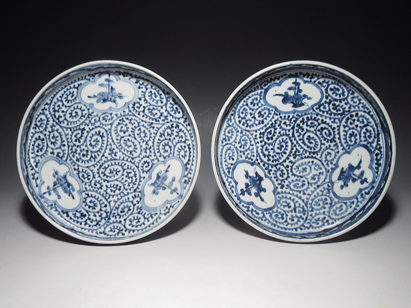 古伊万里 染付 窓絵蛸唐草文 盤形七寸皿 5枚組【宝暦】