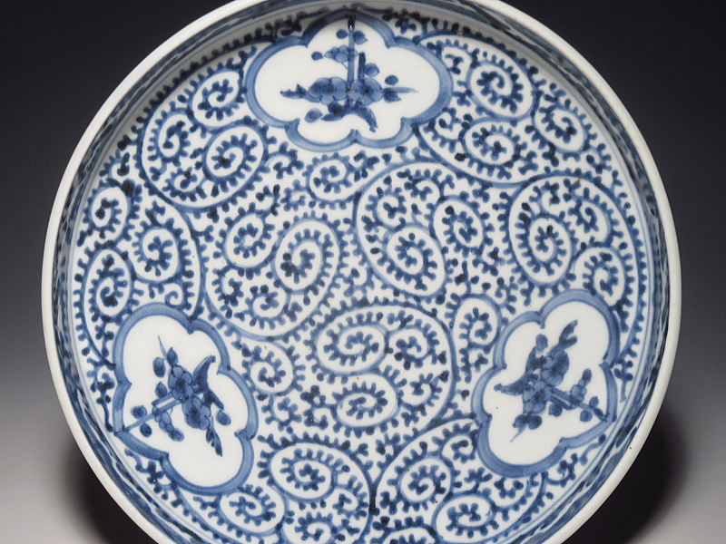 古伊万里 染付 窓絵蛸唐草文 盤形七寸皿 5枚組【宝暦】