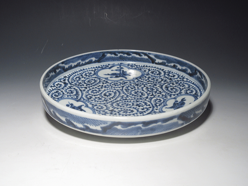 古伊万里 染付 窓絵蛸唐草文 盤形七寸皿 5枚組【宝暦】