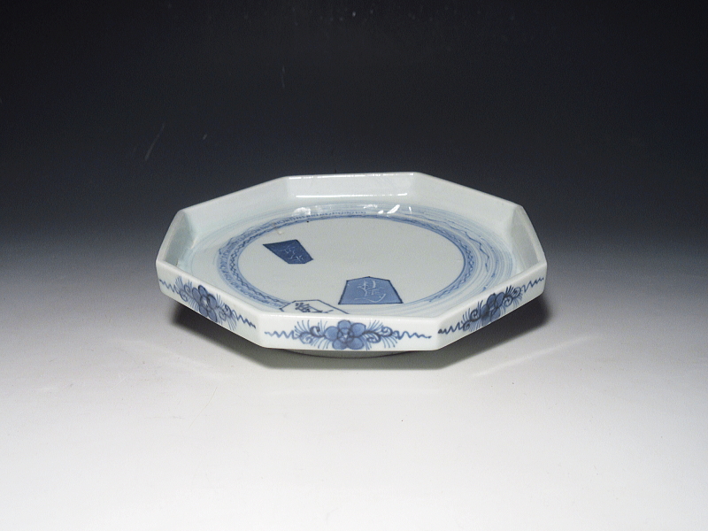 古伊万里　藍九谷　将棋駒文　八角皿【寛文】