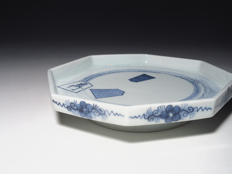 古伊万里　藍九谷　将棋駒文　八角皿【寛文】