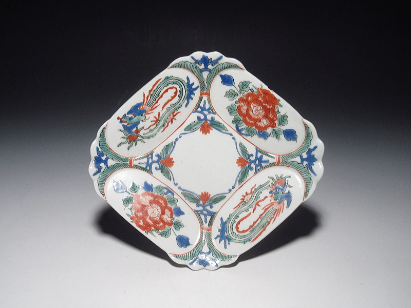 古伊万里　柿右衛門　牡丹鳳凰文　菱形変形皿【延宝】
