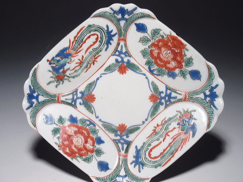古伊万里　柿右衛門　牡丹鳳凰文　菱形変形皿【延宝】