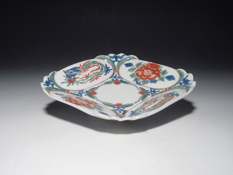 古伊万里　柿右衛門　牡丹鳳凰文　菱形変形皿【延宝】