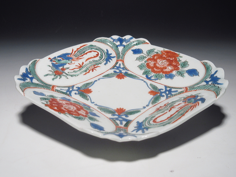 古伊万里　柿右衛門　牡丹鳳凰文　菱形変形皿【延宝】