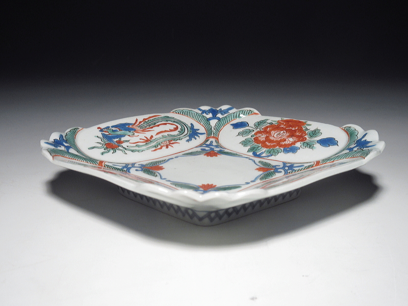 古伊万里　柿右衛門　牡丹鳳凰文　菱形変形皿【延宝】