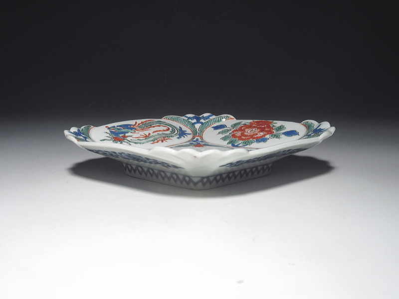 古伊万里　柿右衛門　牡丹鳳凰文　菱形変形皿【延宝】