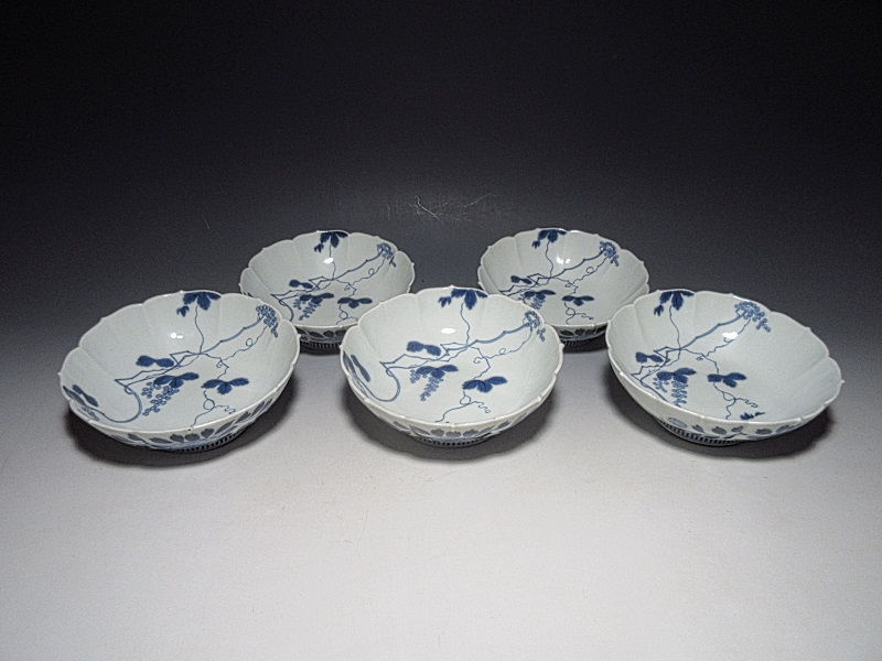 藍鍋島　葡萄絵　菊皿　５客組【安永】
