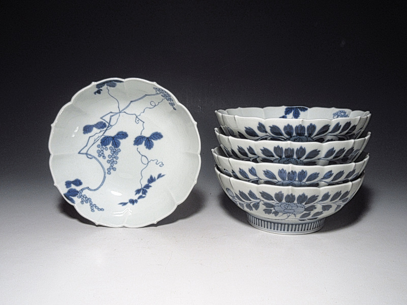 藍鍋島 葡萄絵 菊皿 5客組【安永】