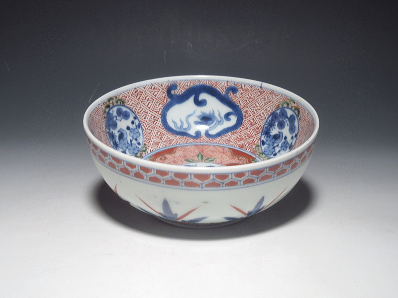 古伊万里　金襴手　団龍草花文　丸鉢【元禄】