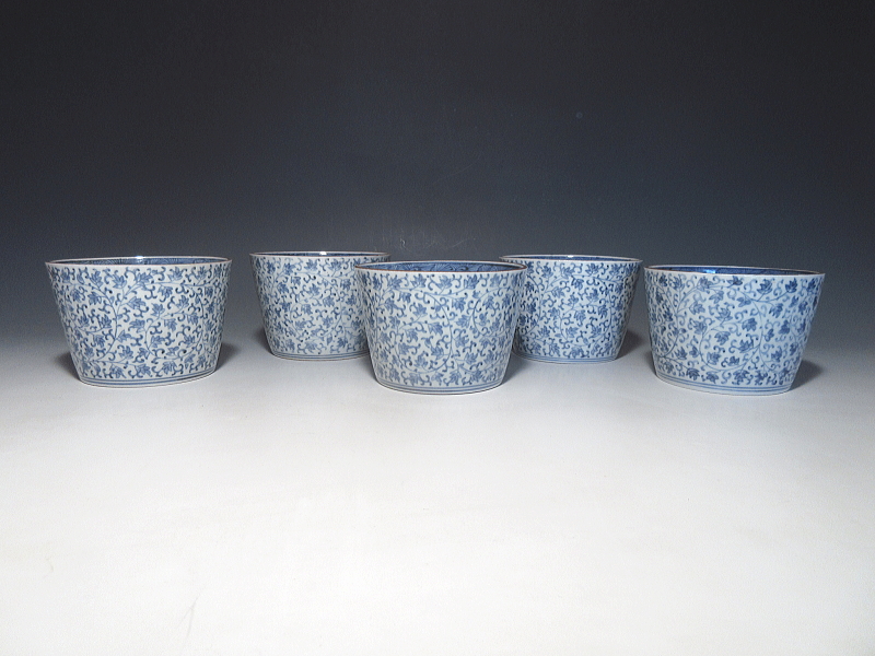 古伊万里　染付　花唐草文　特大そば猪口　５客組【享保～宝暦】