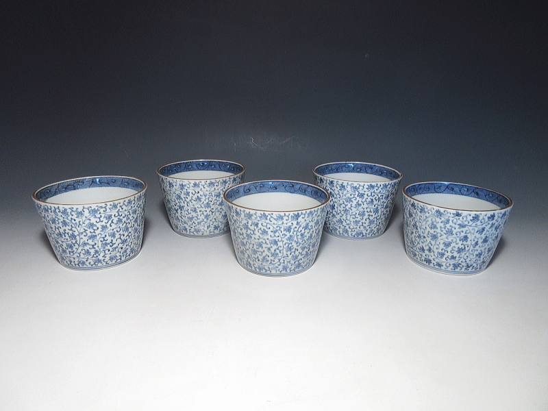 古伊万里　染付　花唐草文　特大そば猪口　５客組【享保～宝暦】