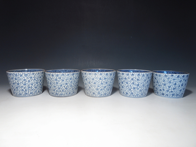 古伊万里　染付　花唐草文　特大そば猪口　５客組【享保～宝暦】